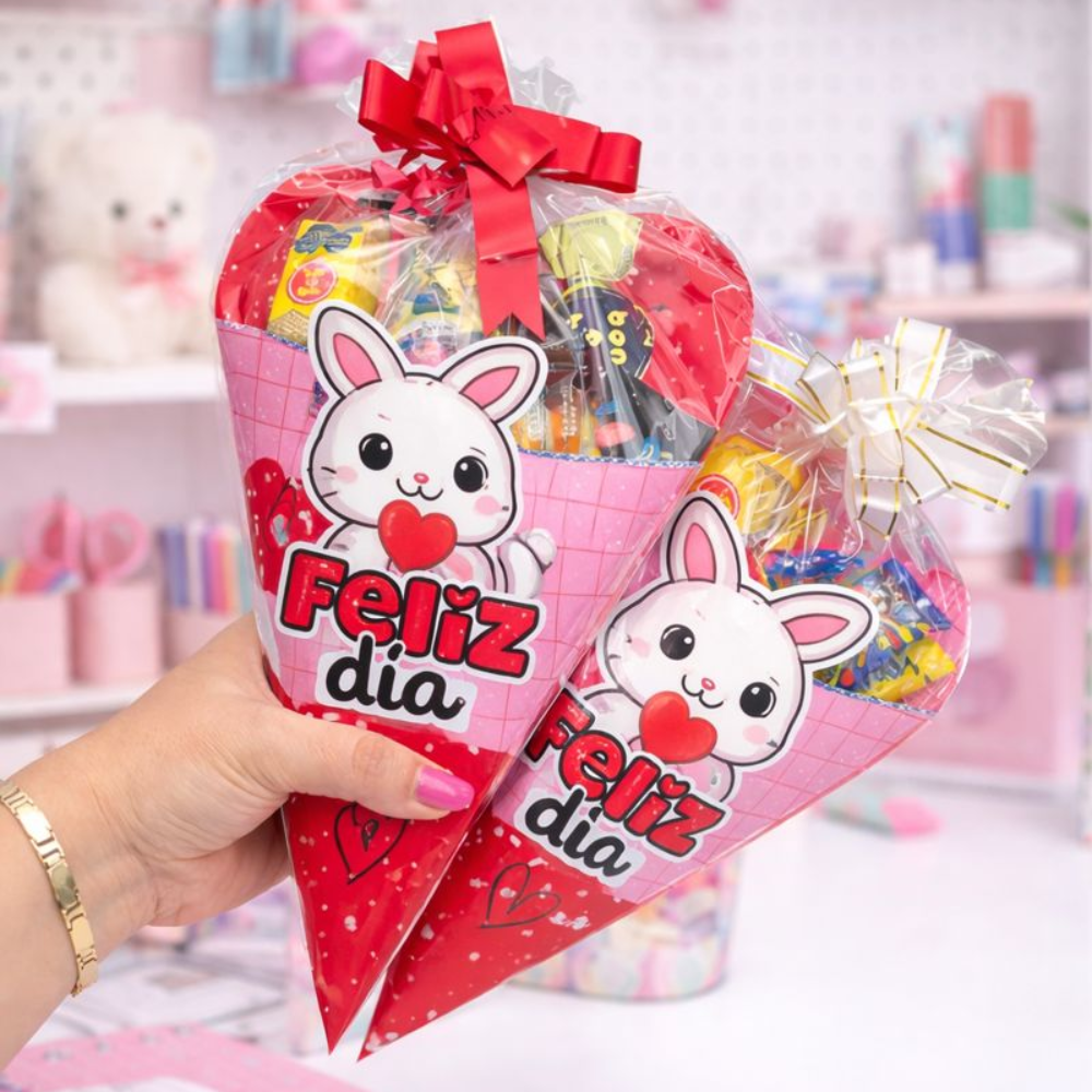 Mano sosteniendo dos conos corazón con conejito Feliz Día llenos de dulces