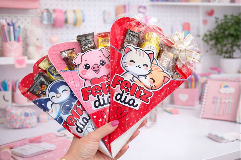 Conos corazón Feliz Día con diseños de pingüino, cerdito y gatitos llenos de dulces